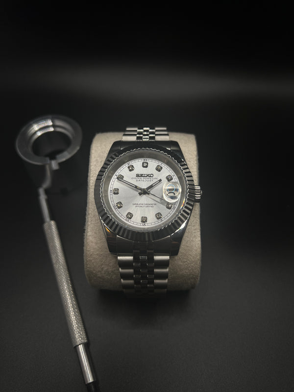 Datejust Roman White/Diamonds - Modified Mechanical Seiko Watch